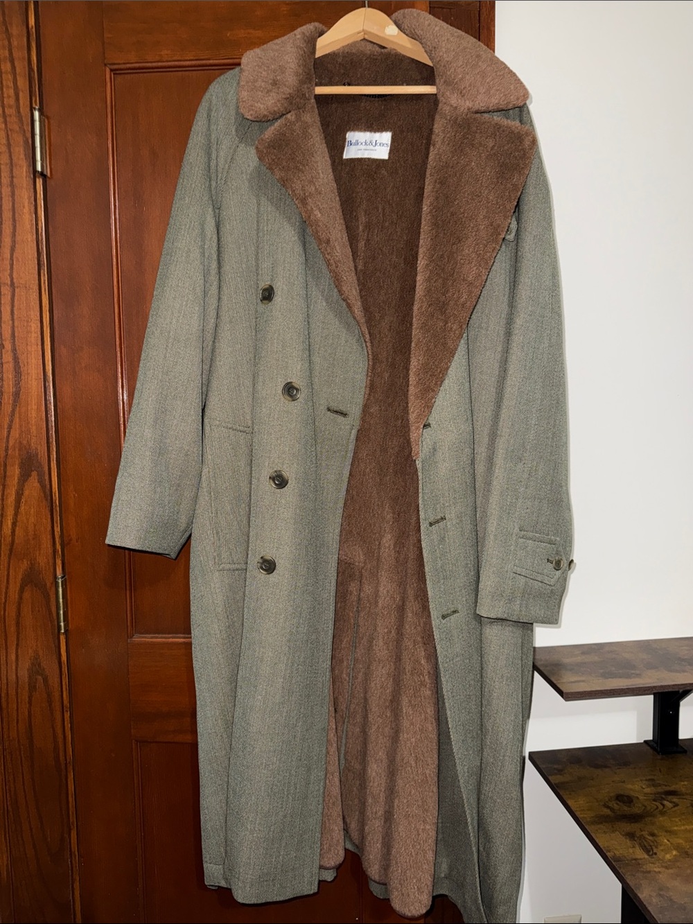 Men's Long Trench Coat with Brown Shearling Lining - Bullock & Jones - Picture 2 of 7